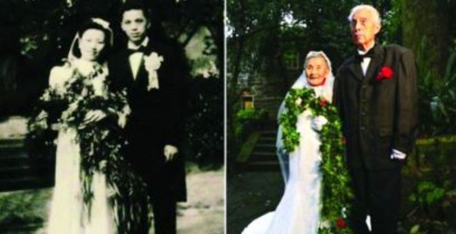 يلتقطان صورة زفافهما بعد 70 عاماً