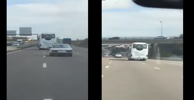 فيديو : سائق حافلة يغامر بحياته وحياة الركاب على الطريق السريع