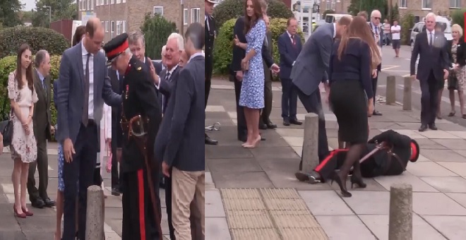 الأمير ويليام يسرع لمساعدة جندي مسن هوى على الأرض أثناء استقباله