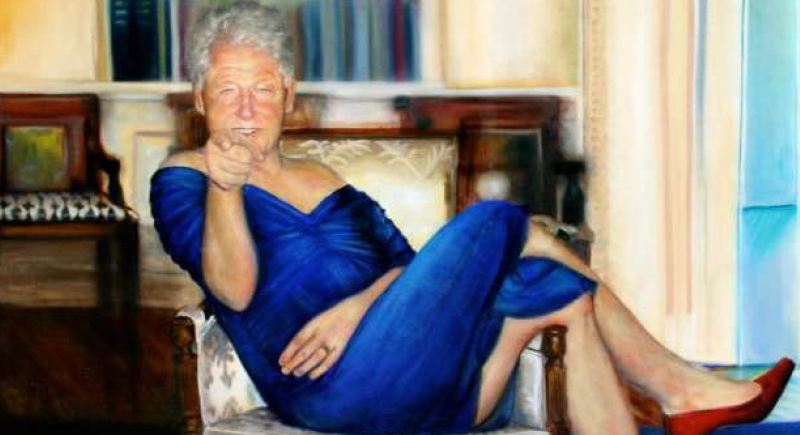 بفستان أزرق وكعب عالي.. لوحة لبيل كلينتون بملابس نسائية