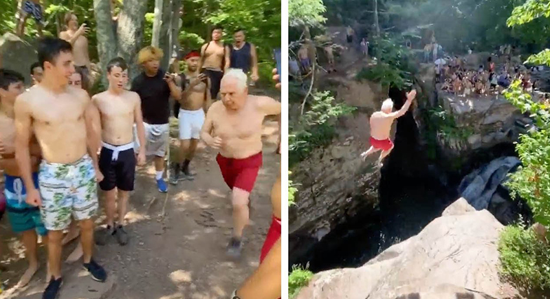 عجوز بعمر الـ73 يقفز في النهر من على ارتفاع شاهق (فيديو)