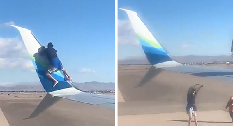 شاب متهور يصعد على جناح طائرة قبل لحظات من إقلاعها (فيديو)