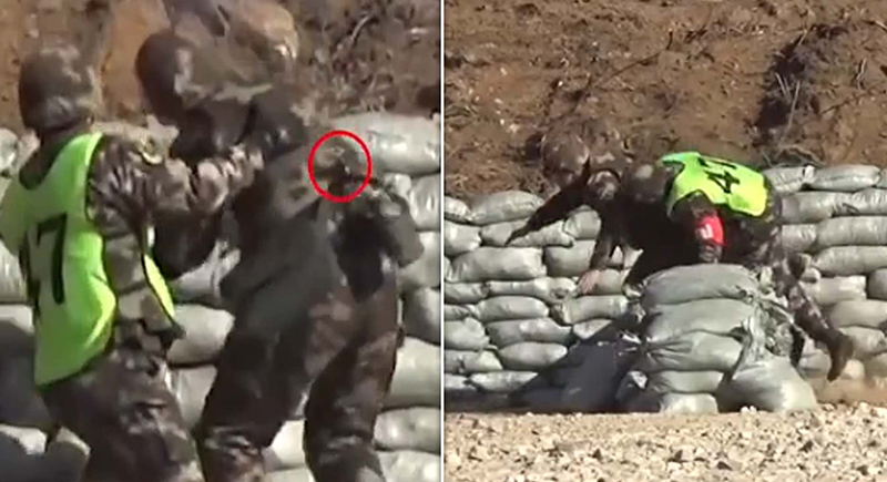 جندي يسقط قنبلة بين قدميه خلال تدريب رمي ومدربه ينقذه (فيديو)