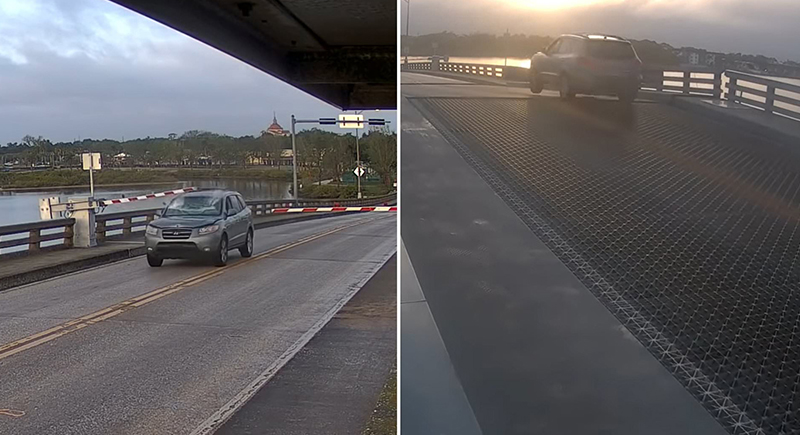 لقطة تحبس الأنفاس... سائق متهور يقفز بسيارته فوق جسر أثناء فتحه (فيديو)