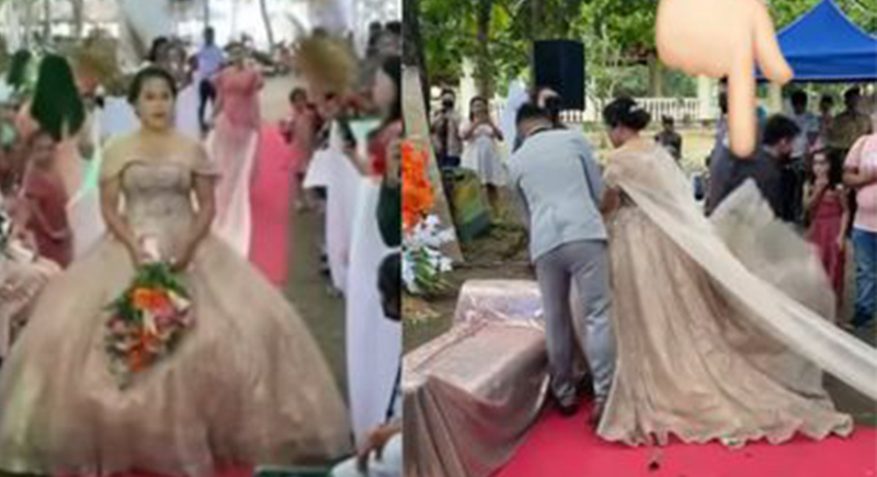 موقف محرج لعروسة في حفل زفافها.. رجل خرج من أسفل فستانها (فيديو)