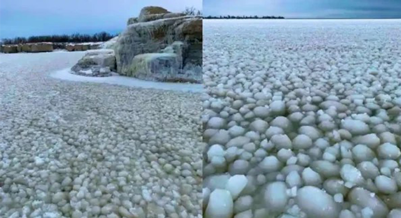 كرات الجليد تغطي بحيرة مانيتوبا الكندية في ظاهرة غريبة (فيديو)