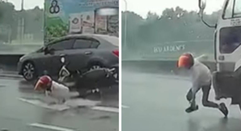 نجاة قائد دراجة نارية في اللحظة الأخيرة قبل أن تدهسه شاحنة (فيديو)
