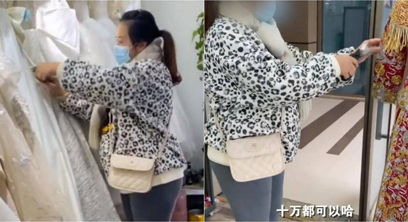 ‏امرأة غاضبة تمزق أكثر من 30 فستان زفاف بآلاف الدولارات داخل محل لعدم استرداد عربونها‏ (فيديو)